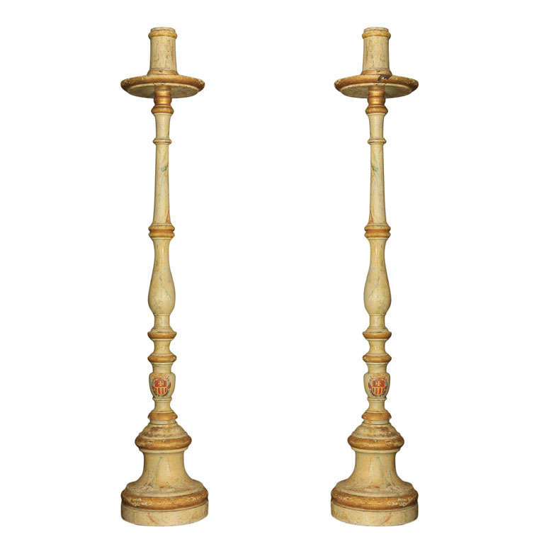  Pair of Tall Painted Wood Candlesticks For Sale