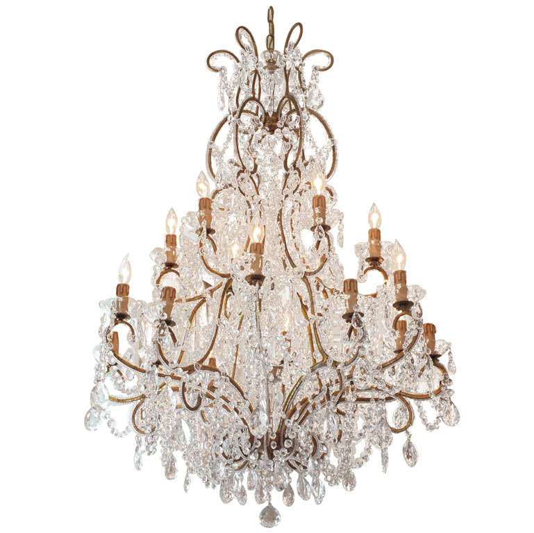 Large Louis XV Style Chandelier with Murano Glass Crystals and Iron, Italy For Sale