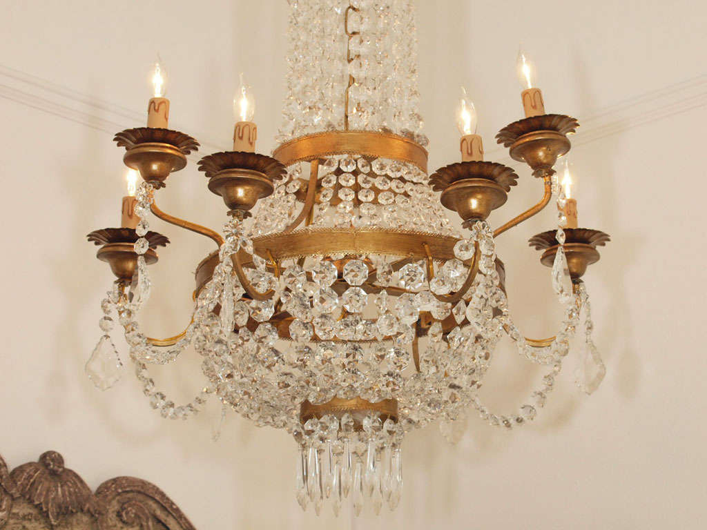 Italian Swedish Gustavian Style Crystal and Gilded Iron Chandelier Handmade in Italy For Sale