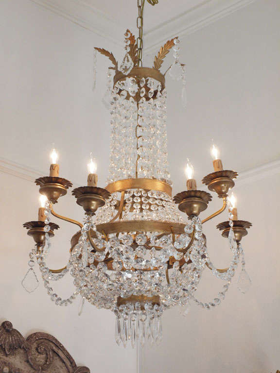 Murano Glass Swedish Gustavian Style Crystal and Gilded Iron Chandelier Handmade in Italy For Sale
