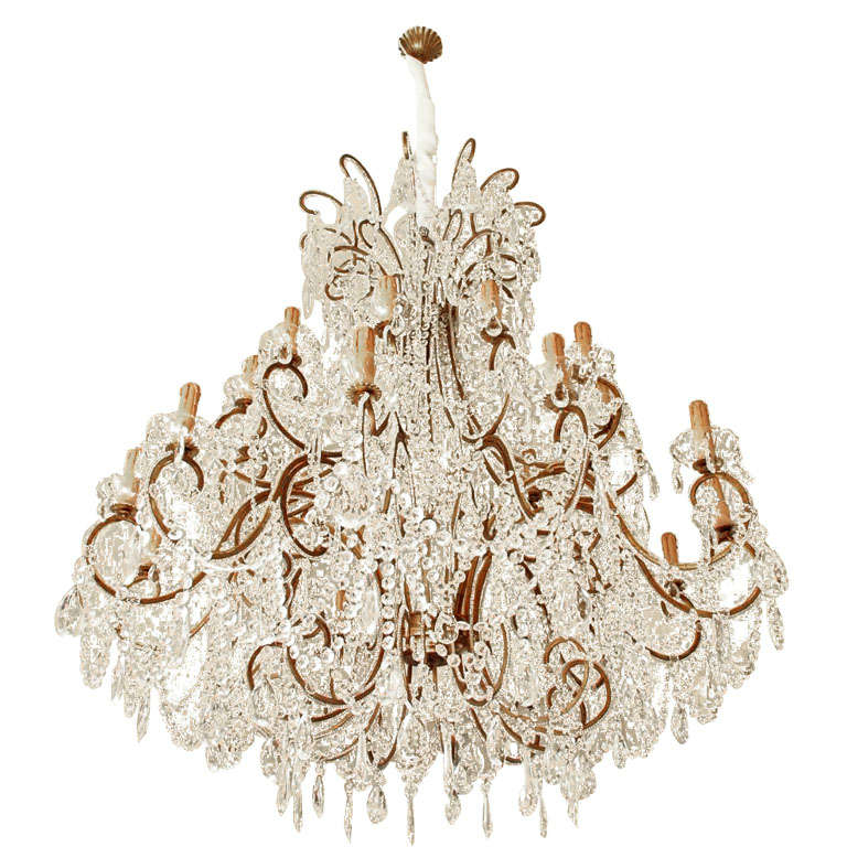 Large Crystal and Gilded Iron Handmade Italian Chandelier For Sale