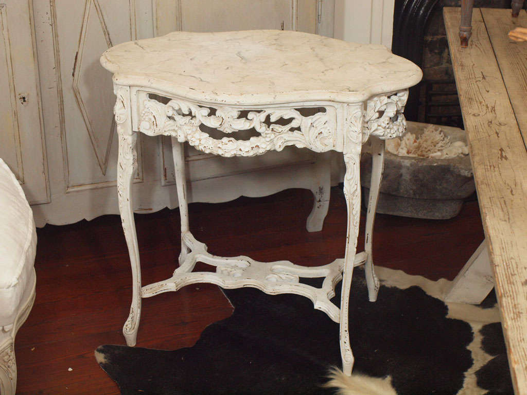 19th century Louis XV style painted and carved side or end table with faux marble painted top.