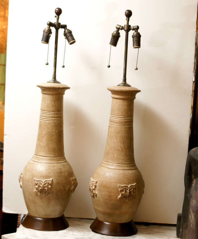 Pair of Ceramic Pottery Lamps with Wood Base and Embellished Details