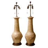 Pair of Ceramic Pottery Lamps with Wood Base and Embellished Details