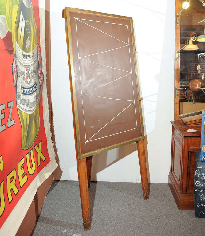 Large French restaurant menu board - free standing folding tripod in oak wood and brass, circa 1900.