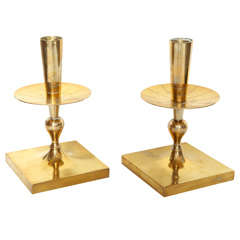 Pair of Tommi Parzinger Etched Brass Candlesticks