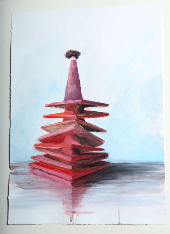 Framed watercolor depicting a stack of traffic cones sitting in water, with a bird's nest balancing on top. Signed and dated on back.
Measures: Frame: 19