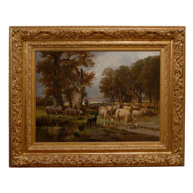 French American Oil Painting of Sheep and Shepherdess in Gilded Frame circa 1900