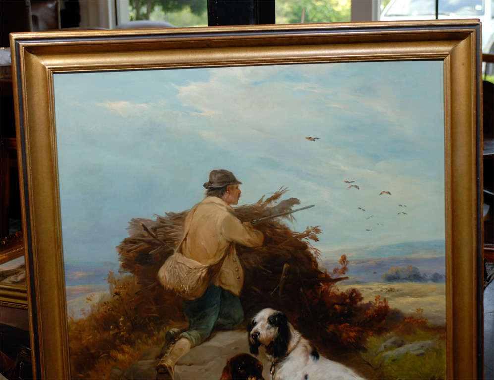Belgian Very Large Oil Painting of A Hunter with His Dogs