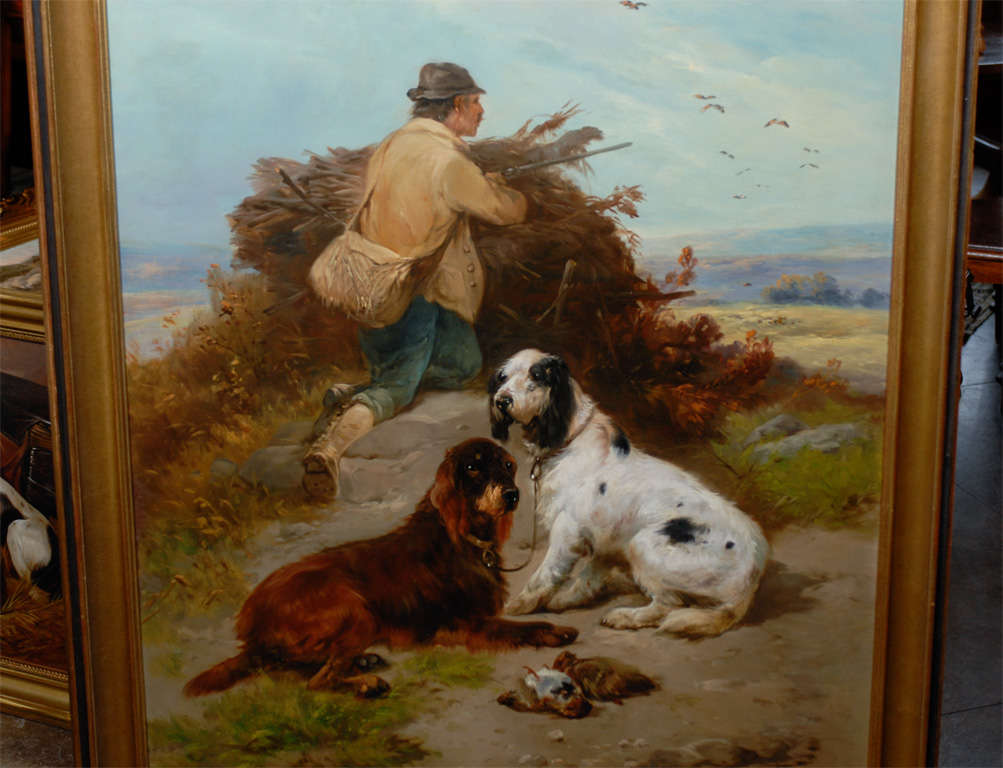 19th Century Very Large Oil Painting of A Hunter with His Dogs