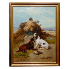 Very Large Oil Painting of A Hunter with His Dogs