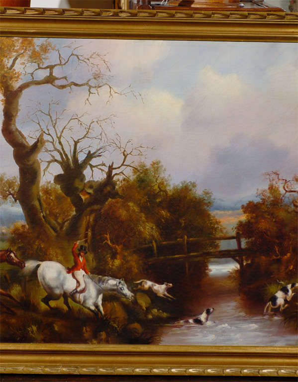 Spanish English Horizontal Oil on Canvas Painting Depicting a Hunting Scene