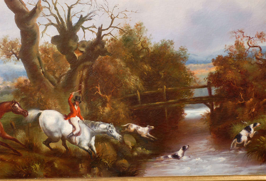 20th Century English Horizontal Oil on Canvas Painting Depicting a Hunting Scene