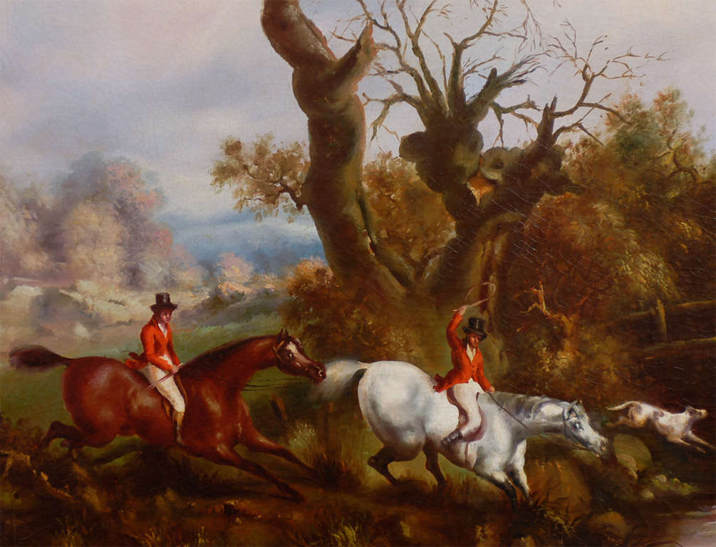 English Horizontal Oil on Canvas Painting Depicting a Hunting Scene 1