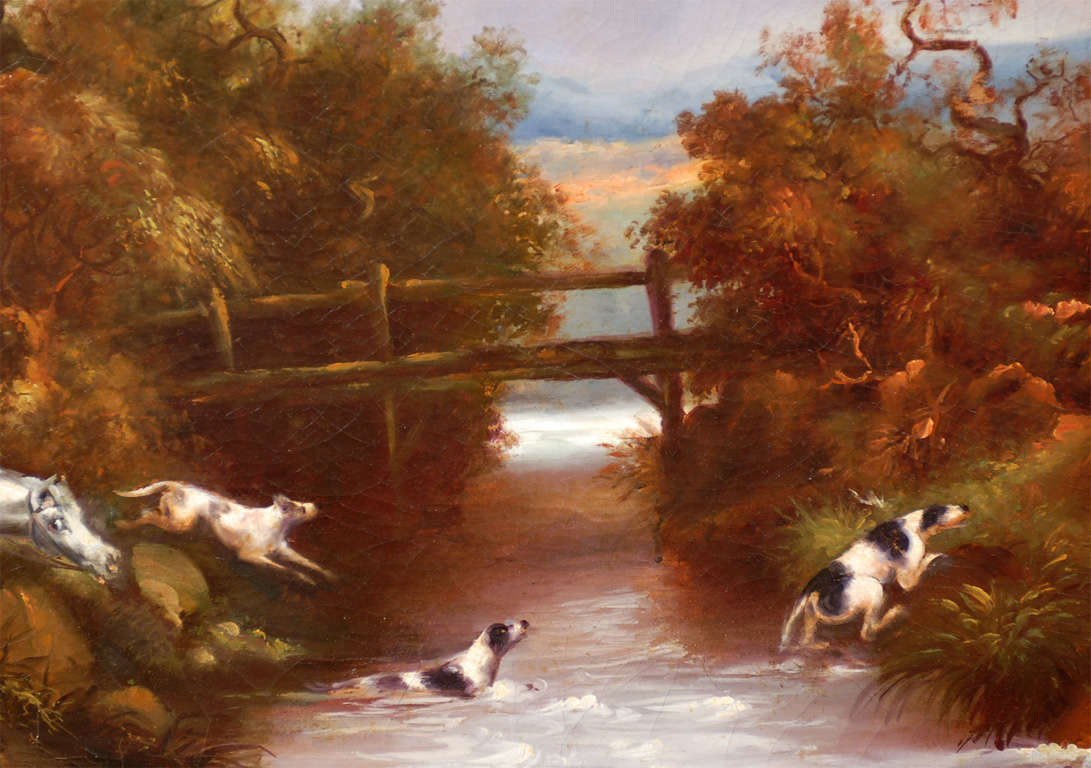 English Horizontal Oil on Canvas Painting Depicting a Hunting Scene 3