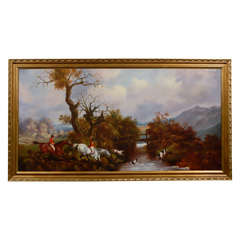 English Horizontal Oil on Canvas Painting Depicting a Hunting Scene