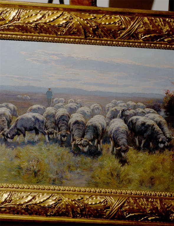 19th Century 1893 Swedish Pastoral Oil on Canvas Sheep Painting By Rudolph von Frisching