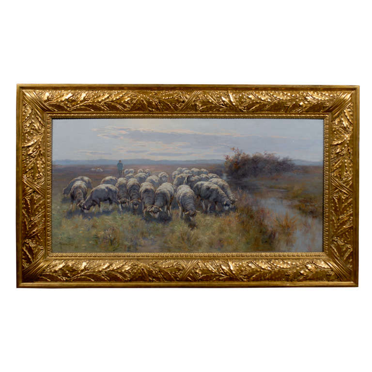 1893 Swedish Pastoral Oil on Canvas Sheep Painting By Rudolph von Frisching