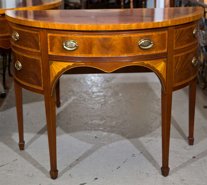 American Pair of Mahogany & Satinwood Inlaid Demilune Consoles by Baker