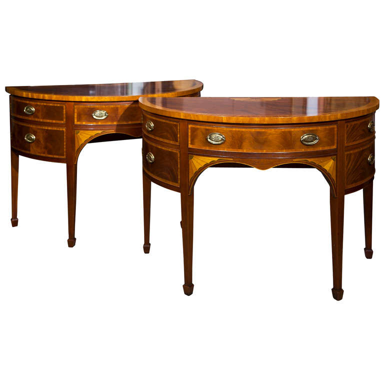 Pair of Mahogany & Satinwood Inlaid Demilune Consoles by Baker