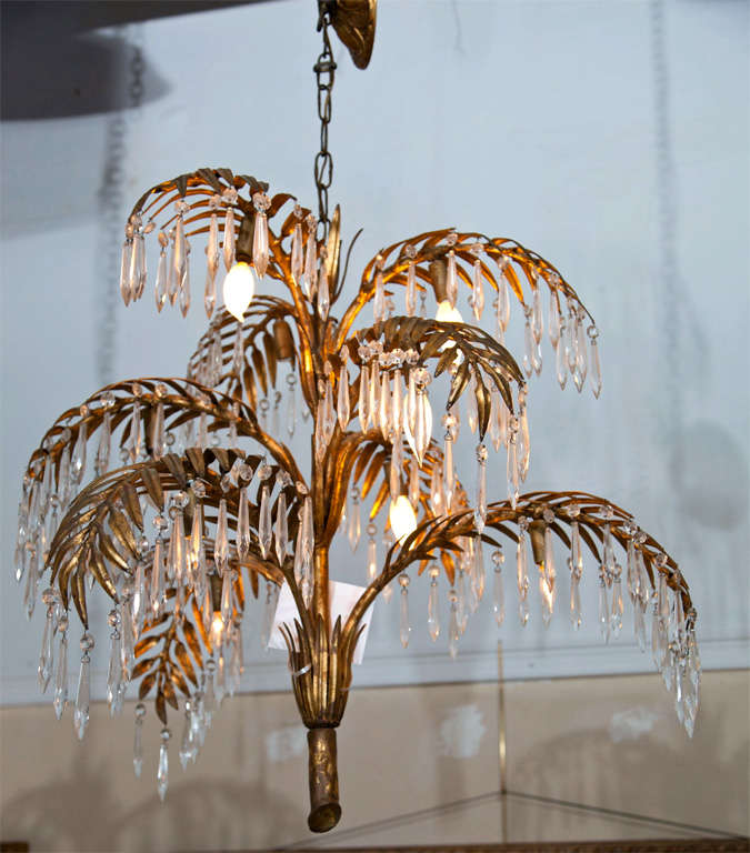 French Brass Palm Leaf with Crystals Chandelier