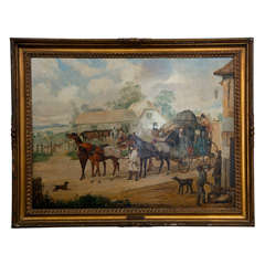 Antique Oil on Canvas Stagecoach Scene by Henry Alkin