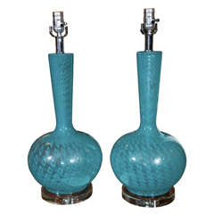 Vintage Pair of Blue Murano Glass Lamps