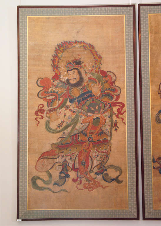 Japanese painting on raw silk.  80” high x 40” wide.
Late Muromachi / Early Edo Period.  c.1600

The Shitenno, or Four Heavenly Guardians, are the most frequently encountered of the Ten (Deva), or heavenly beings, which derive from the Brahmic