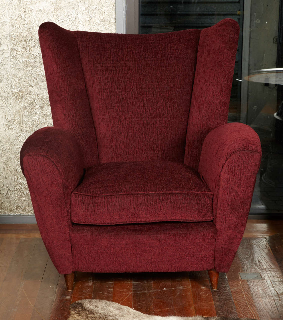 Pair of entirely restored and red fabric covered armchairs, wood feet