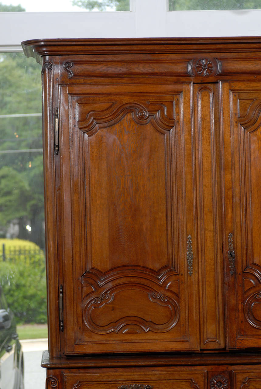 Carved French, 1750 Period Louis XV Large Two-Part Wooden Cabinet from Lorraine Region