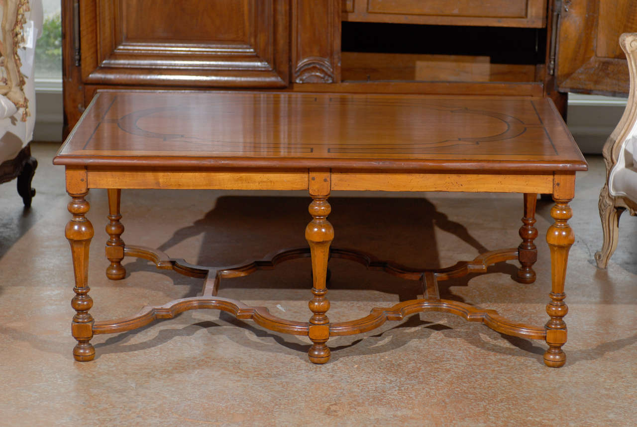 Carved French Louis XIV Style 1895 Cherry Coffee Table with Double Cross Stretcher