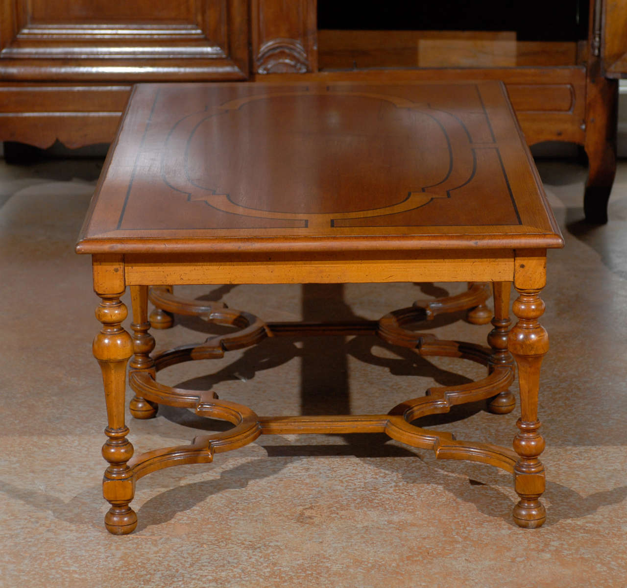 Wood French Louis XIV Style 1895 Cherry Coffee Table with Double Cross Stretcher