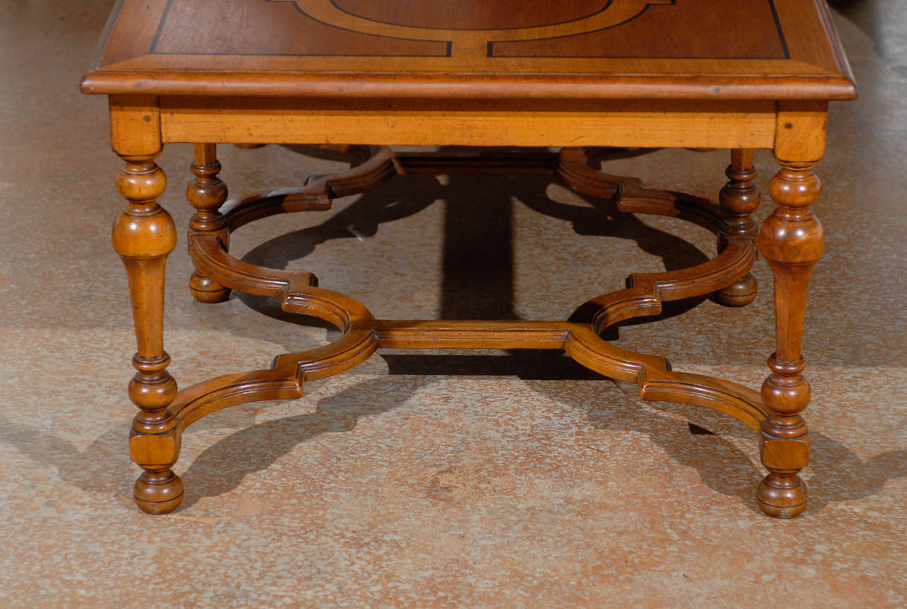 French Louis XIV Style 1895 Cherry Coffee Table with Double Cross Stretcher 1