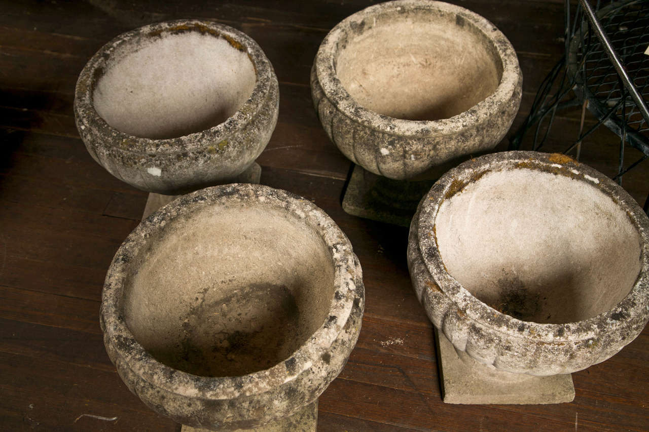 Set of 4 English Fluted Cast Stone Planters In Excellent Condition In Stamford, CT