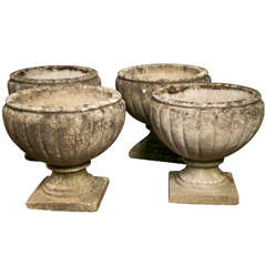 Antique Set of 4 English Fluted Cast Stone Planters