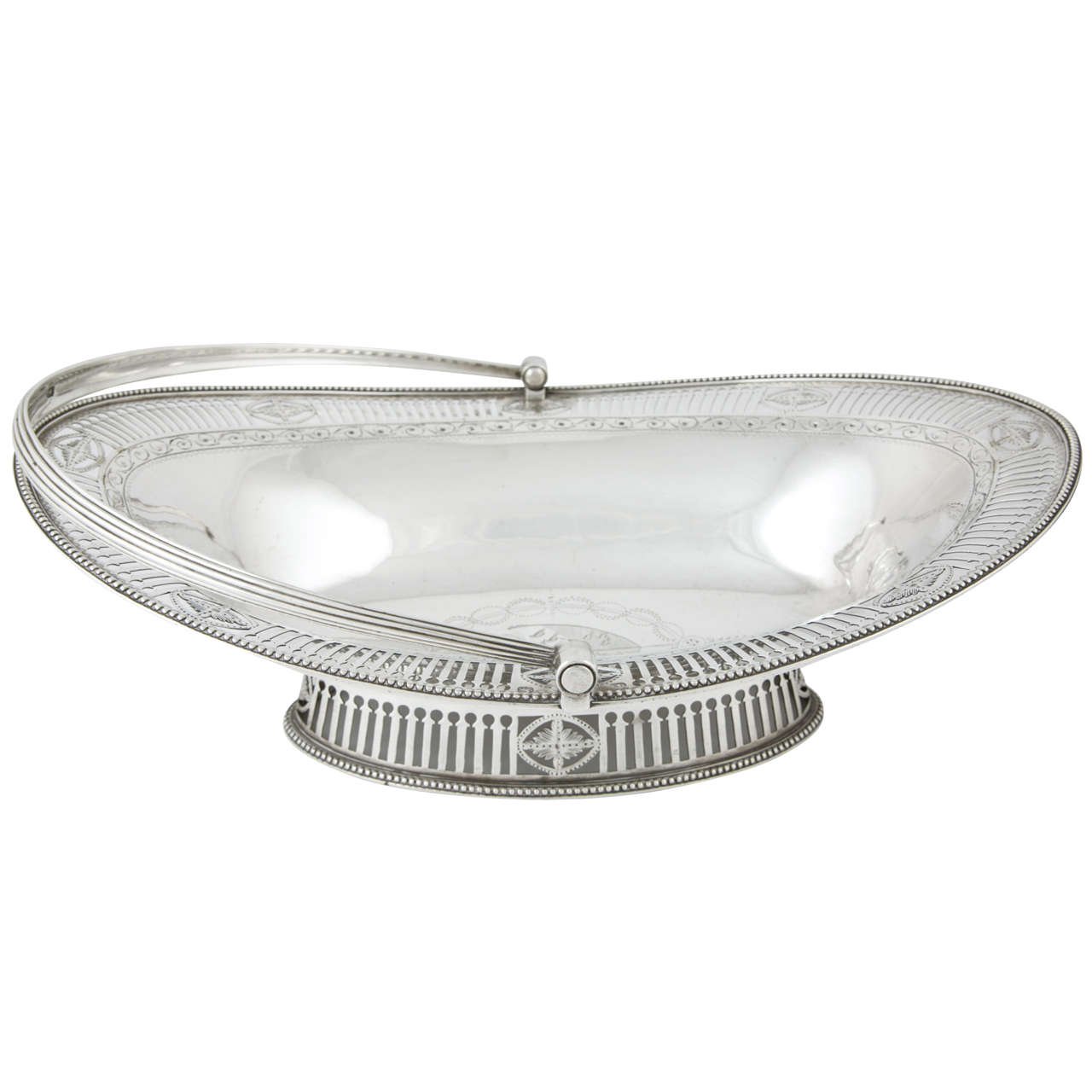 A George III sterling silver cake basket made by Burrage Davenport in London, 1783. The basket is of Classic oval form with bead borders and an engraved pierced gallery and foot. There is also an original coat of arms to the centre. The length of