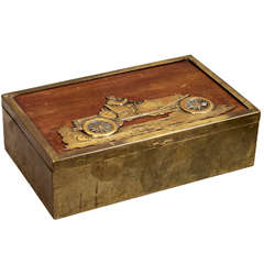 Antique Wood and Bronze Cigar Box with Automotive Interest