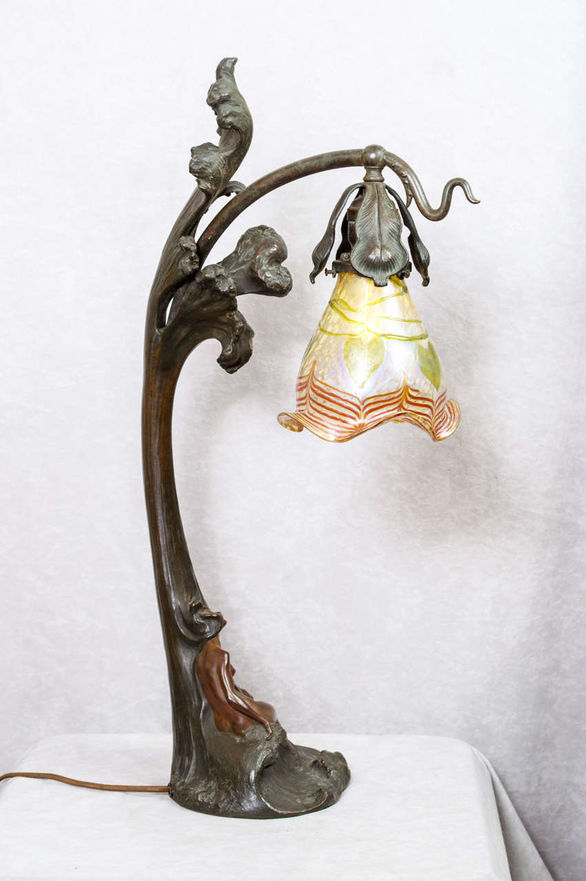 Austrian Art Nouveau Table Lamp with Loetz Shade 1
