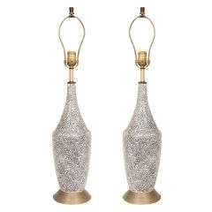 Pair of White Ceramic Lamps Decorated by Sybil Ling Olmo