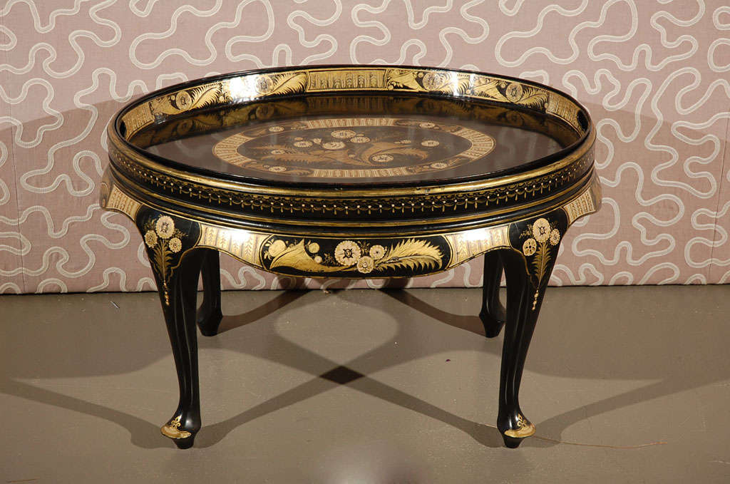 A Swedish Black-painted Tole Tray with Gilt and White Decoration, c. 1820, with later Custom Matching Painted Stand