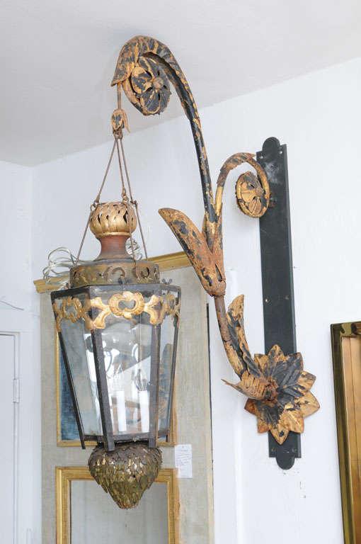 A pair of Gilt Wrought Iron Chandeliers black with gilding and gilded brackets.
Chandelier Measures 39