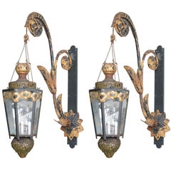 Pair of Gilt Wrought Iron Chandeliers with Gilt Brackets