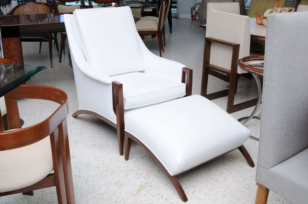 An Italian Modern Mahogany Armchair and Ottoman In Excellent Condition For Sale In Hollywood, FL