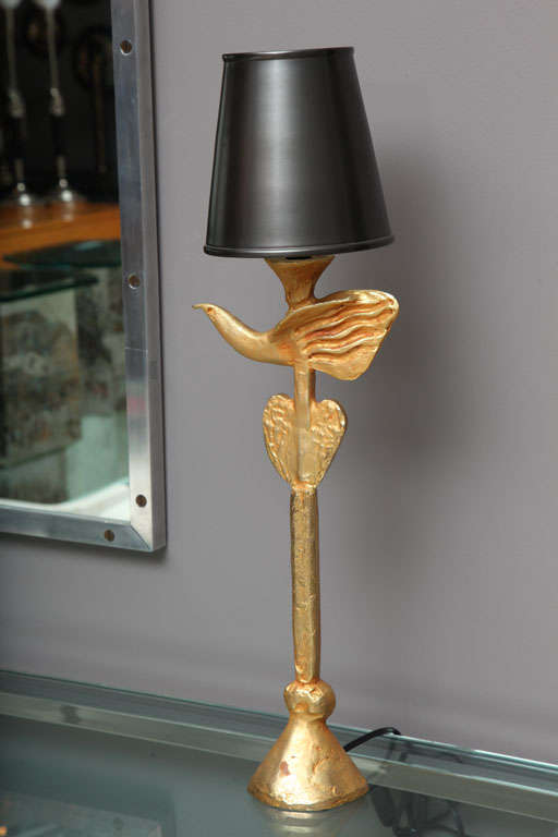 French Gilt Bronze Dove Lamp by Pierre Casanove for Fondica