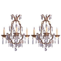 Art Moderne Pair of Bronze and Crystal Bagues 4 Light Chandeliers