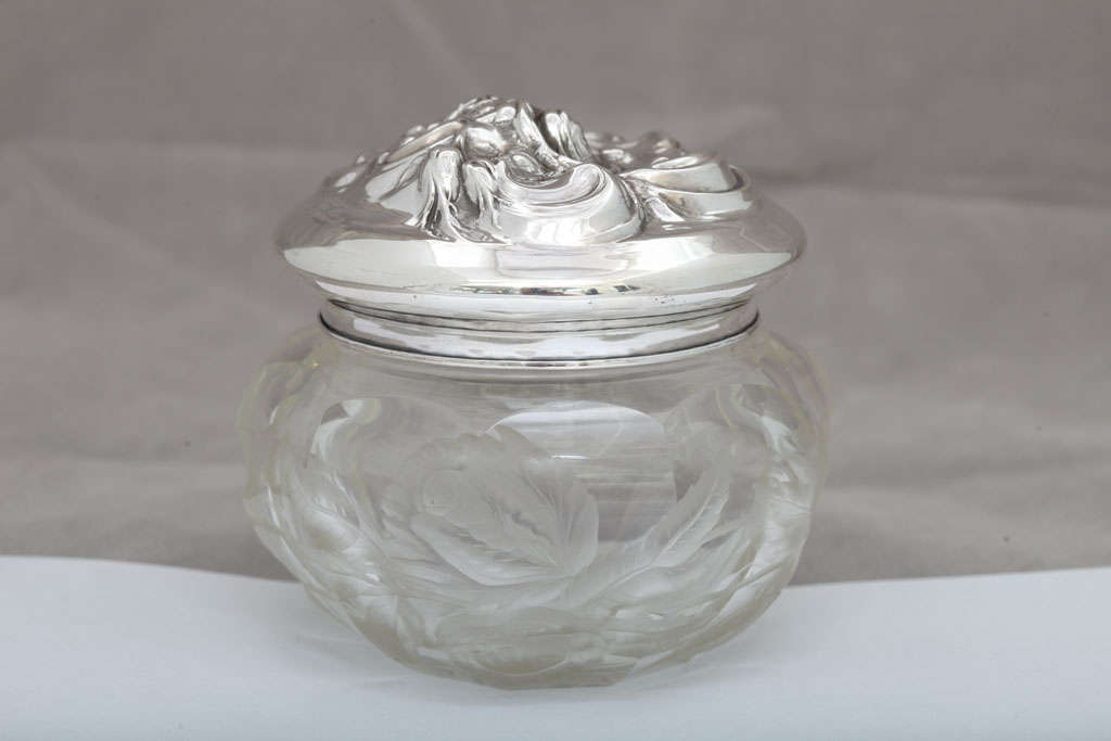 Art Nouveau Sterling Silver and Intaglio Cut Crystal Powder Jar