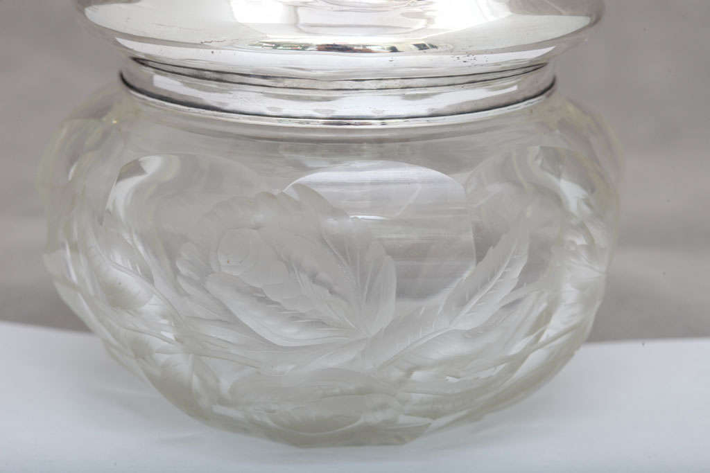 19th Century Art Nouveau Sterling Silver and Intaglio Cut Crystal Powder Jar