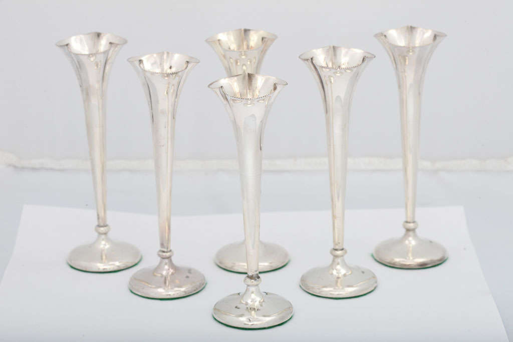 Rare set of six, matching, sterling silver bud vases, Birmingham, England, 1900, Deakin & Francis - makers. Each vase is @5 1/2