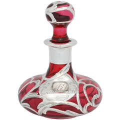 Sterling Silver Overlay Cranberry Glass Perfume Bottle