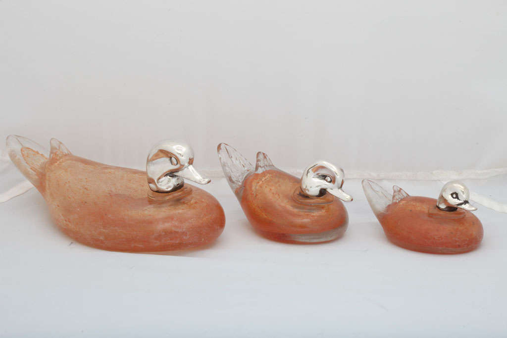 Italian Set of Three Continental Silver Mounted Glass Ducks